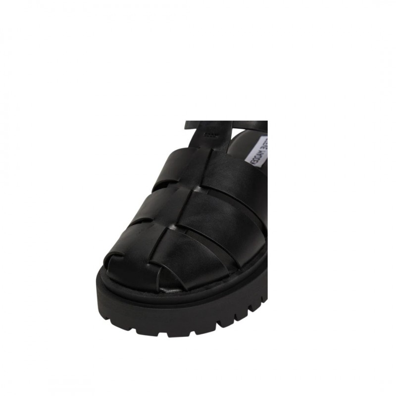 WOMEN'S BLACK SANDAL STEVE MADDEN SM11003808-03001-05O MARKET BLK ACTION LEATHER