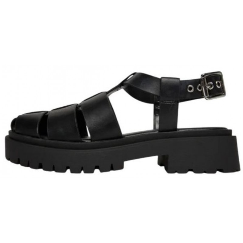 WOMEN'S BLACK SANDAL STEVE MADDEN SM11003808-03001-05O MARKET BLK ACTION LEATHER